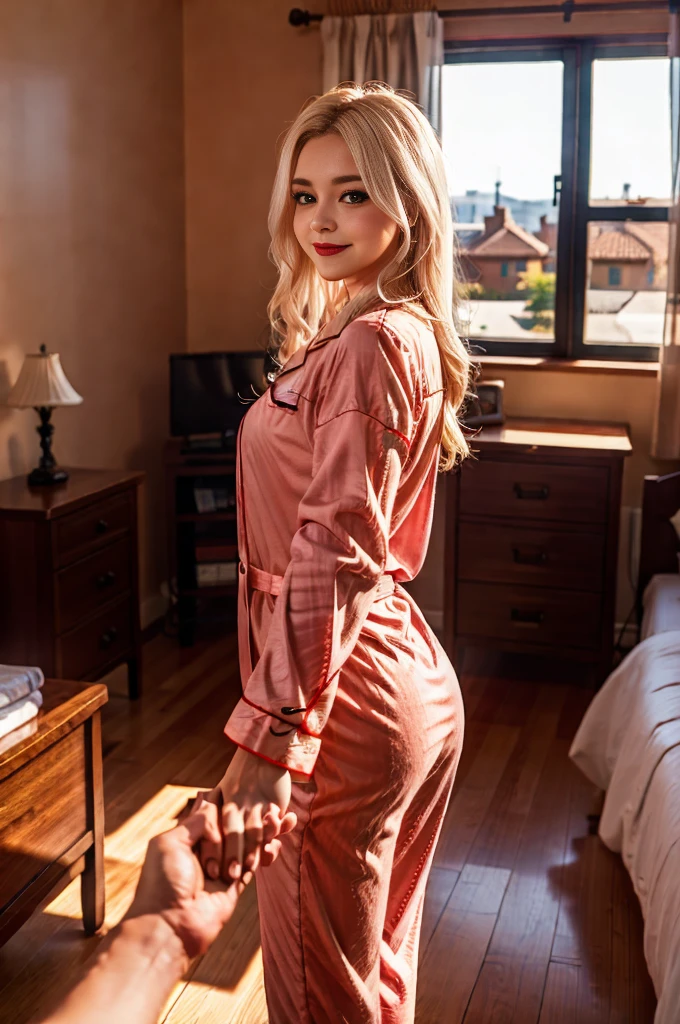 a woman with blonde hair takes photos of herself in bed wearing red sexy pajamas