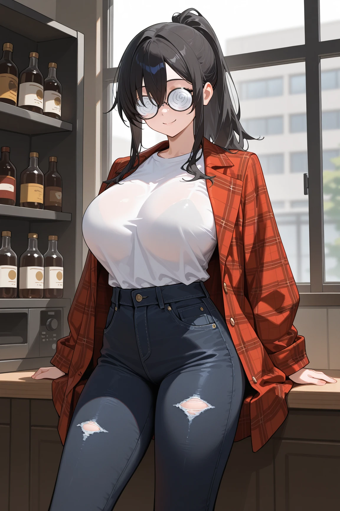 1 woman, sitting on a chair at a table, sexy curvy body, gorgeous, Dark dishevelled hair, languid and sad look, a little drunk, a bottle of wine on the table, holds a wine glass in her hand, (big tits), (waist is flat), wears blue jeans and a very low-cut, tight white T-shirt, masterpiece, hif realism, 4k