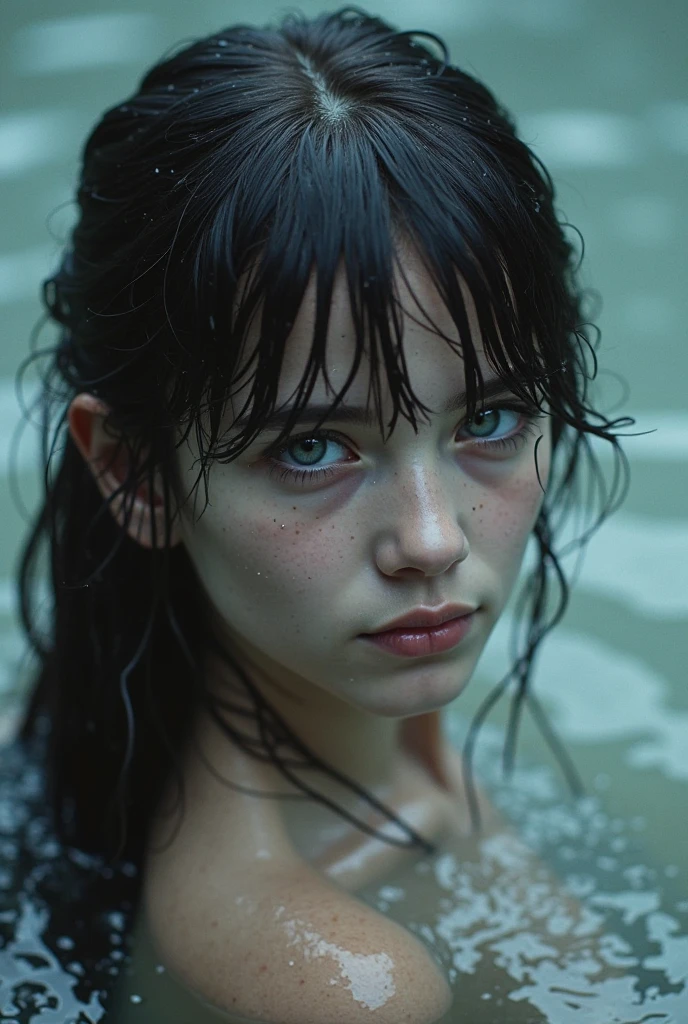 (Best Quality,hight resolution,Masterpiece, Overhead view:1.20),Ultra-detailed,The woman,Wide flares on jeans,sickly,drowning in a swamp,standingn:1.2, fetish, Posing, overcomes shame:1.3, (at the bottom of a mud pit:1.3),gloomy ecstasy,fetish,dark gloomy atmosphere,gritty texture,melancholic expression on his face,mysterious aura,foggy background,Subtle color palette,provocative pose,Strong emotions,Coming Out of the Depths of Despair,Piercing gaze,intense shadows,Plunged in Darkness,Rugged terrain,ominous vibe,A supernatural sensation,asymmetrical bangs, freckles, pink short hair, Bangs, freckles, gray eyes,