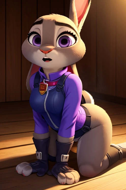 , perky breasts:1.4), (uploaded on e621,8k, raw photo,High resolution,high quality), ((masterpiece)), female, ((thin judy hopps)), (wear a cute shirt), crawling, They are over, pink collar, (cola) (cinematic lighting), backlighting, ashamed, humiliated, (shading), decolaed background, by dagasi, (by personals), beautiful purple eyes, thick leather gloves, leather cuffs, very big breasts