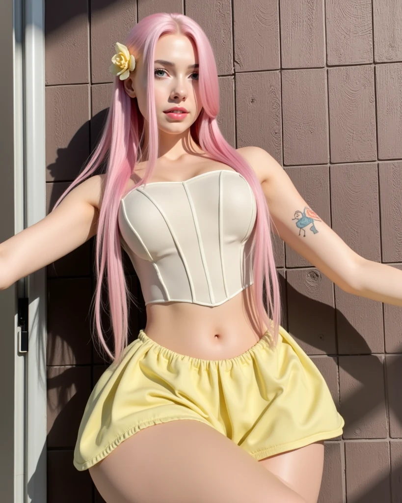 (Masterpiece, Professional lighting, 16k, 8k wallpaper, raw photo, photorealistic:1.8, ultra detailed, , slightly wide angle lens, natural  lighting, detailed skin, detailed joyous face, detailed eyes), 1 beautiful happy girl, dynamic poses for Instagram, cropped tee shirt with underboob, underboob, , full body image , long curly blond hair with bangs,  necklace, green eyes, sexy gaze inviting look, baby blue top short, red skirt, happy smile