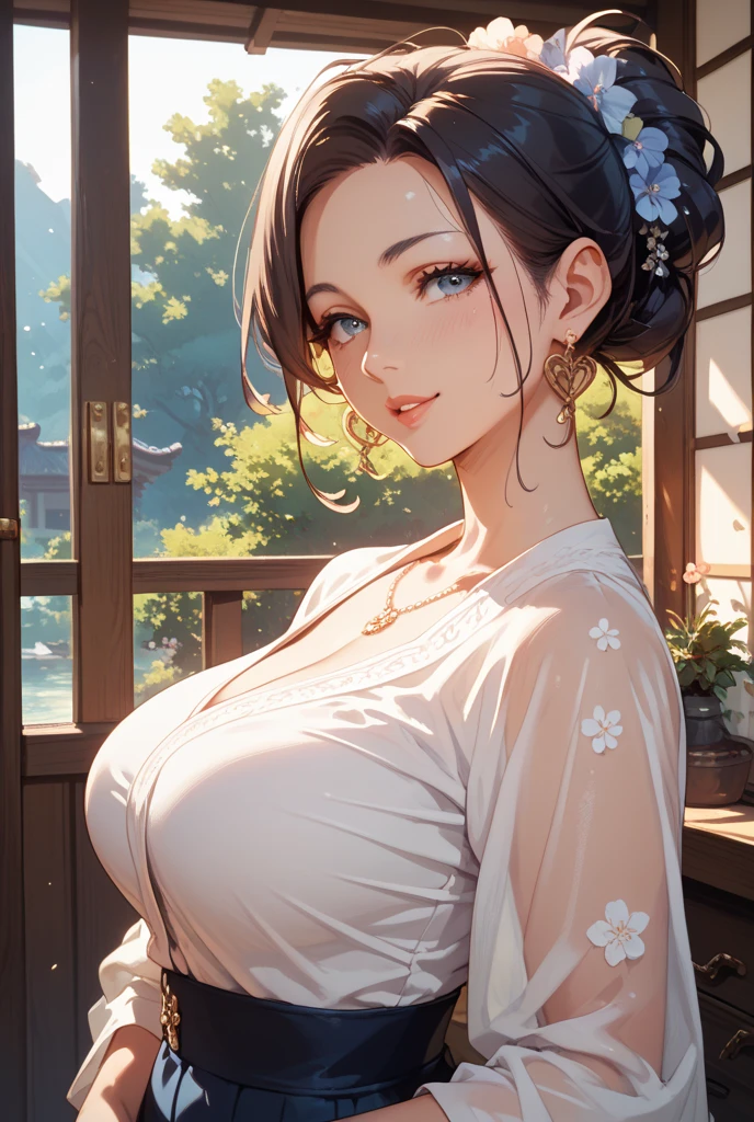 (（（Perfect body,White and tender skin,（（（blue sweater，cropped jacket，grey dress，high-waist skirt，）））,（（（Kobeni Higashiyama, black hair, hair ornament, hairclip,  ponytail, short hair, (brown eyes:1.5),）））,((masterpiece)),highres,((Best quality at best)),masterpiece,quality,Best quality,(（（ Exquisite facial features,Looking at the audience,There is light in the eyes,(（（frown，Wronged））），Look up）））,（（（Light and shadow,Huge breasts,）））,（（（Looking at the camera,White background)））)