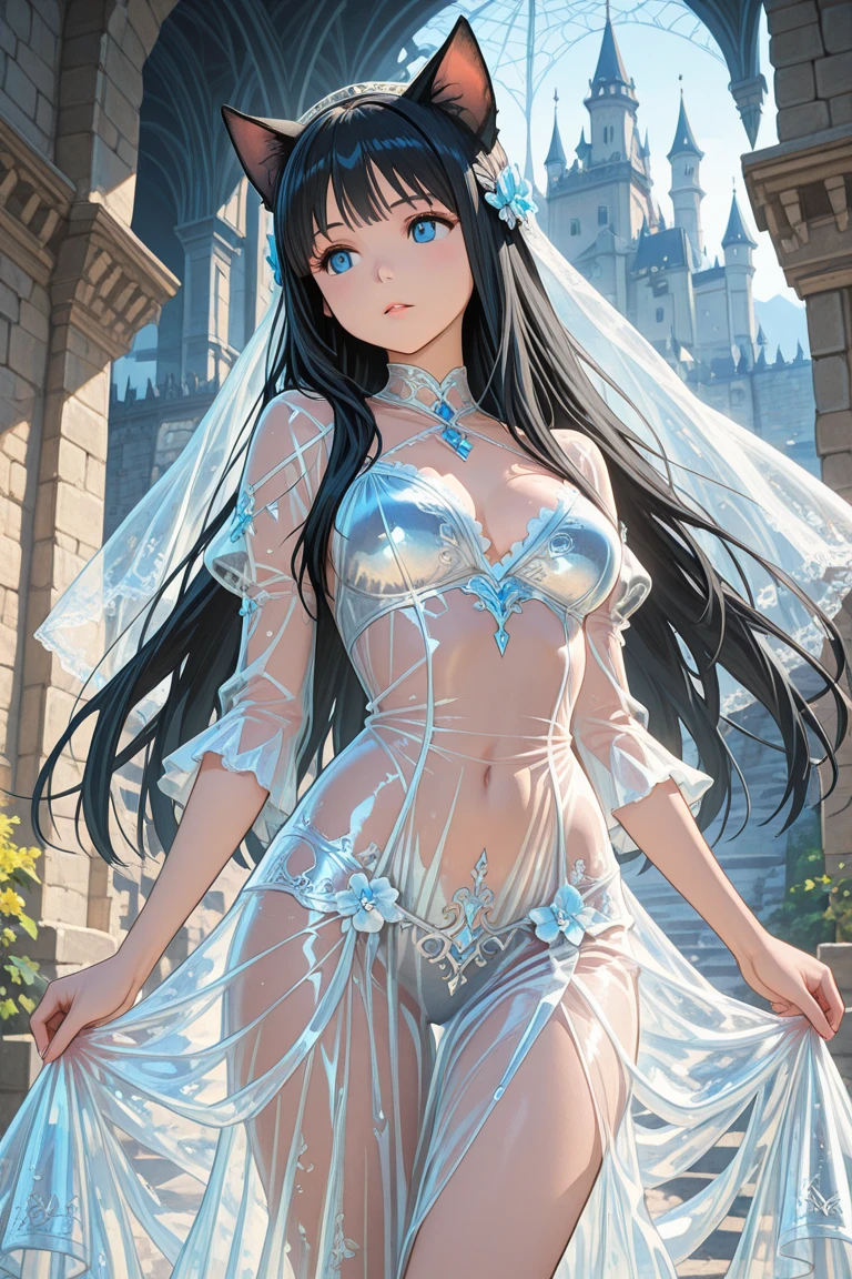 Young girl with delicate features, thin but cute face, light white skin with a slight blush, soft pink lips, glowing light blue eyes, long, slightly wavy brown hair with pink highlights, wearing a heroine outfit consisting of a white leotard with cute and delicate details in ruffles and lace and the sleeves cover the entire arm, on the hips in the back there are ruffles that imitate a white skirt and on the feet are white boots that go up to the knees and have crystal details, on her face she wears a veil that only covers her mouth and is made of crystals. It&#39;s on top of a building at night and it&#39;s dark. 