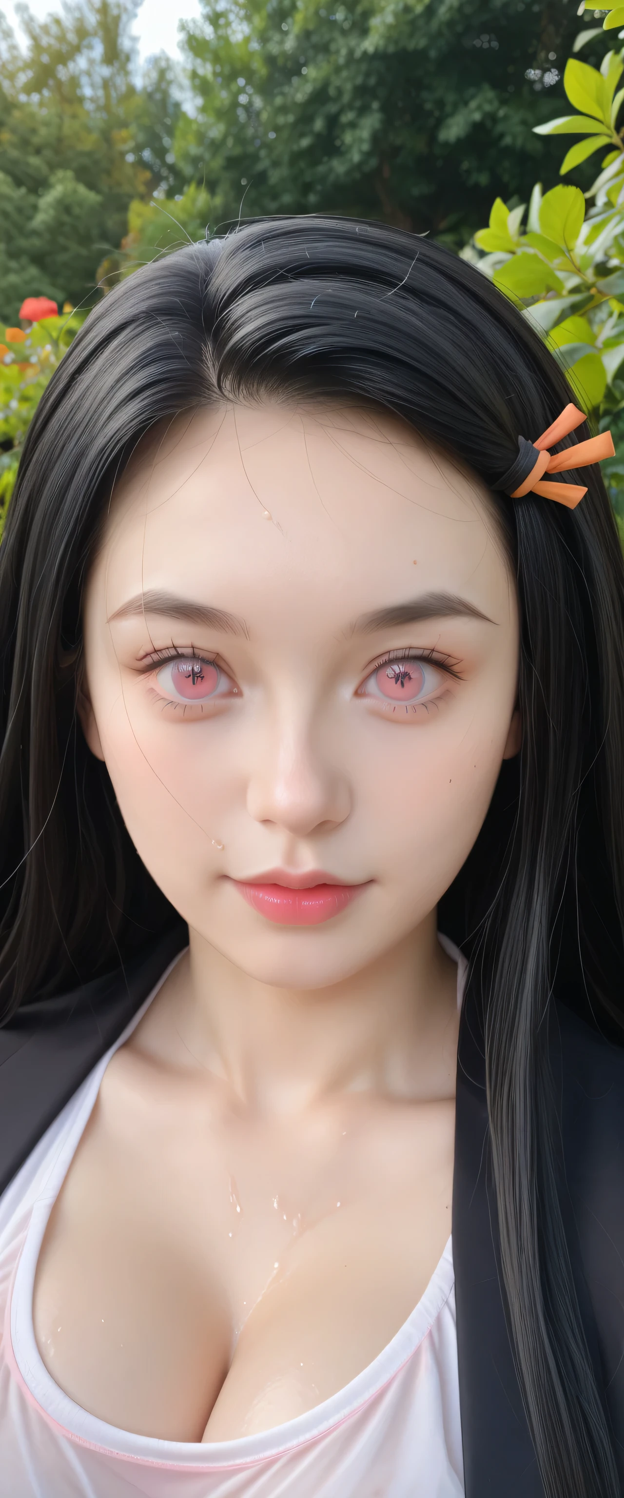 woman Nezuko Kamado, Black hair, long hair, Pink Eyes, Princess Nezuko), portrait of princess of demon slayer, princess demon slayer, Princess of Nezuko,neckline,big breasts,blusa con neckline blanco,getting wet in the garden, looking at the viewer,
posing in the moonlight,