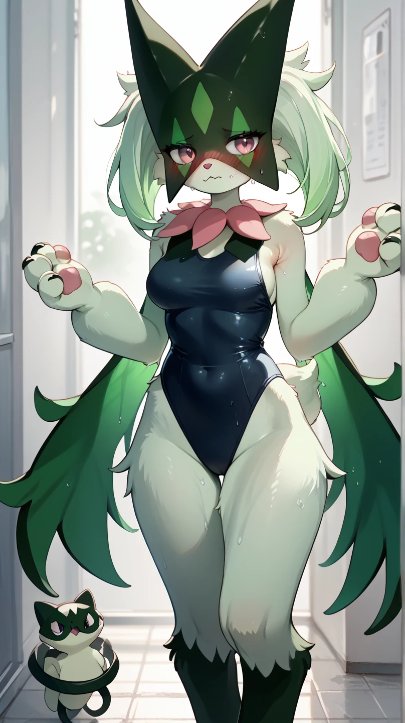 big breasts、Nintendo、Pokemon、black mask、green skin、Meowskada, Pokemon, (master part), (highest quality), (super detailed), (1 girl), (fashionable clothes), Are standing, view viewer, (simple background),beautiful and fine eyes, delicate and beautiful face,(high color saturation), best illumination, best shades,beautiful and fine eyes, highly detailed face, thick thighs、No pants、leaning against the chest