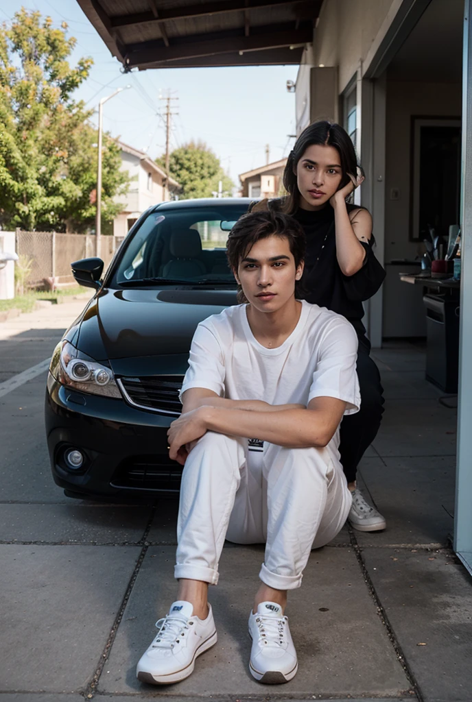 A boy and girl inside car looking eachother in scared