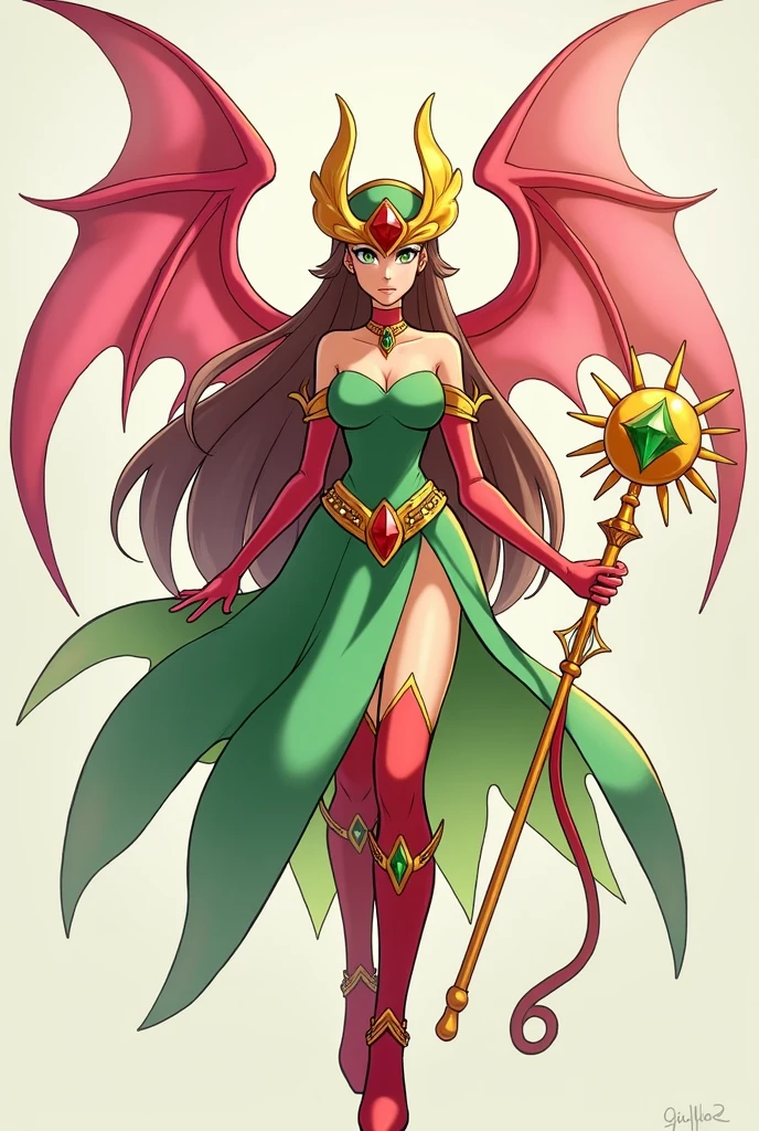 guardian dragon woman who controls and creates stars, clothes with a lot of fabric hanging with green eyes, red horns and his big red hair with moths in his hair all over his body and big angel wings and details of stars on his legs and a jade stone in the middle of his forehead