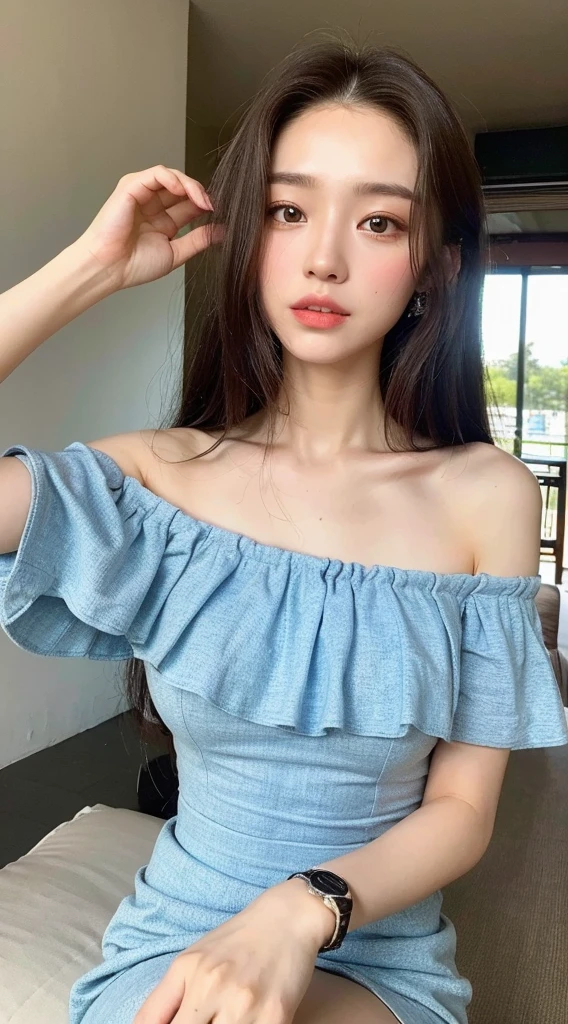 One-shoulder dress, 12-year-old beautiful girl, nailed to a cross