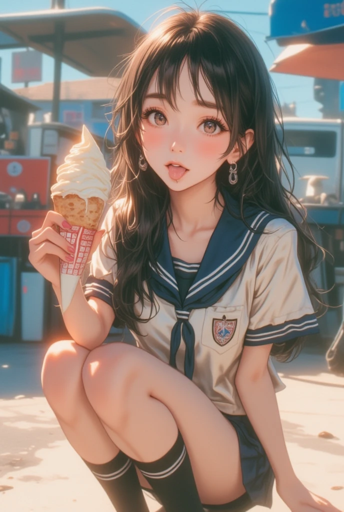 Girl, school girl, eat ice cream