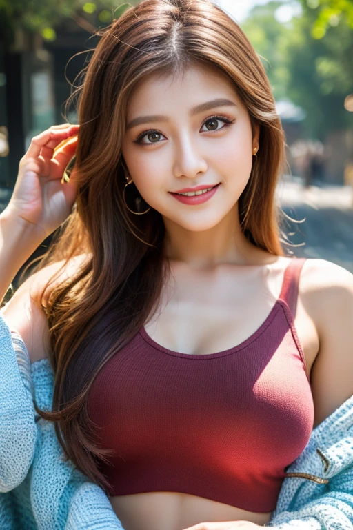 ((top-quality, 8K, masterpiece: 1.3)), Sharp Focus: 1.2, Beautiful woman with perfect body: 1.4, Slim abdomen: 1.2, ((Layered Hair Style, large full breasts: 1.2)), (No bra) (Small and beautiful hard nipple) (Narrow buttons that match the length of the shirt: 1.1), (White shirt wet in the rain), (Sateen, the street: 1.2), a wet body: 1.1, Very detailed face and skin texture, Lovely smile、A detailed eye, 二重まぶた, skin tanned, sluttish, reddish brown, Black skin, Tanned body, exposed shoulder, cleavage, (a miniskirt), (29 year old asian woman)