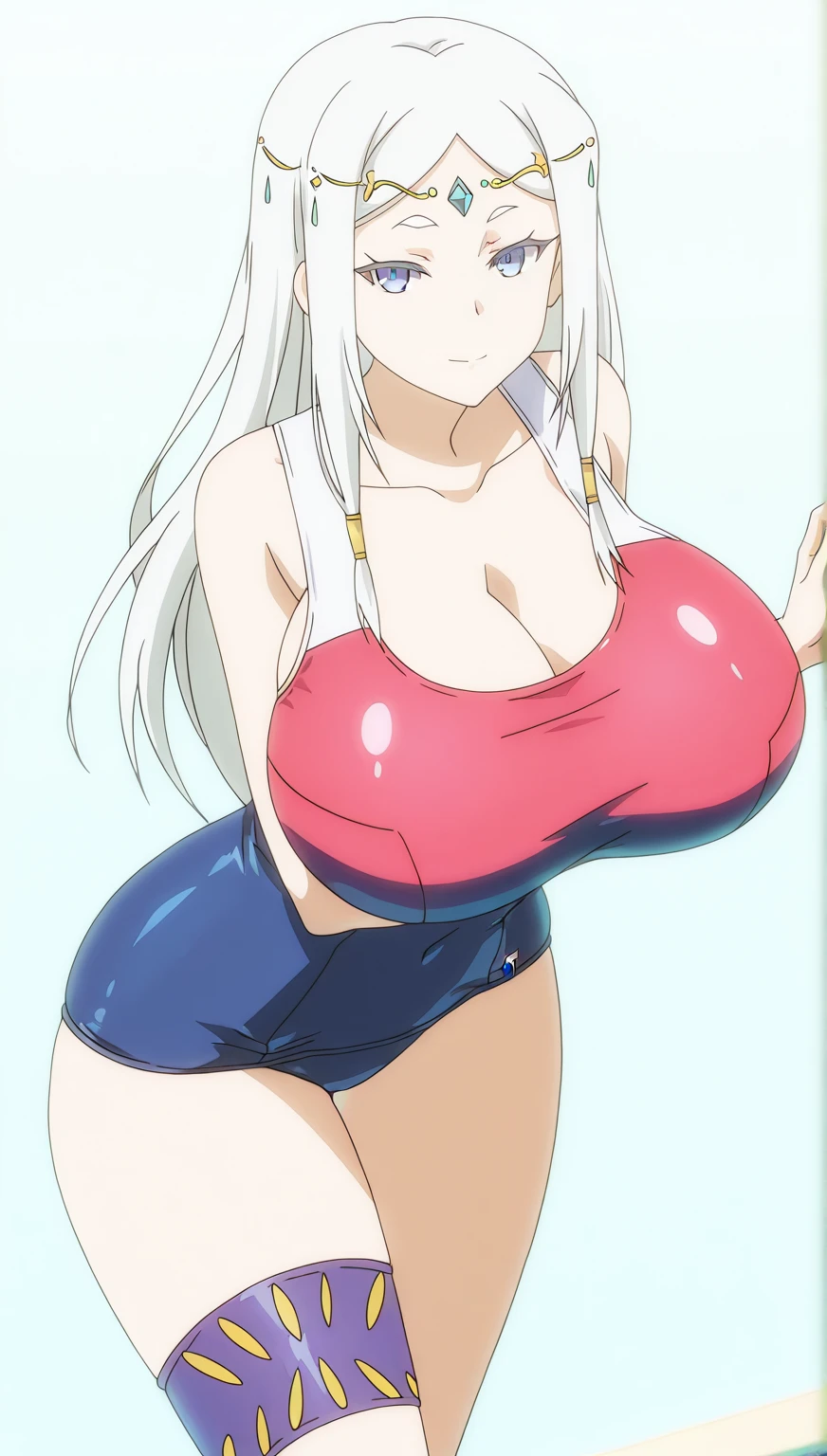 white micro bikini, very big breasts,tight calchina, thick and big thighs,making ((naughty)) face,open legs