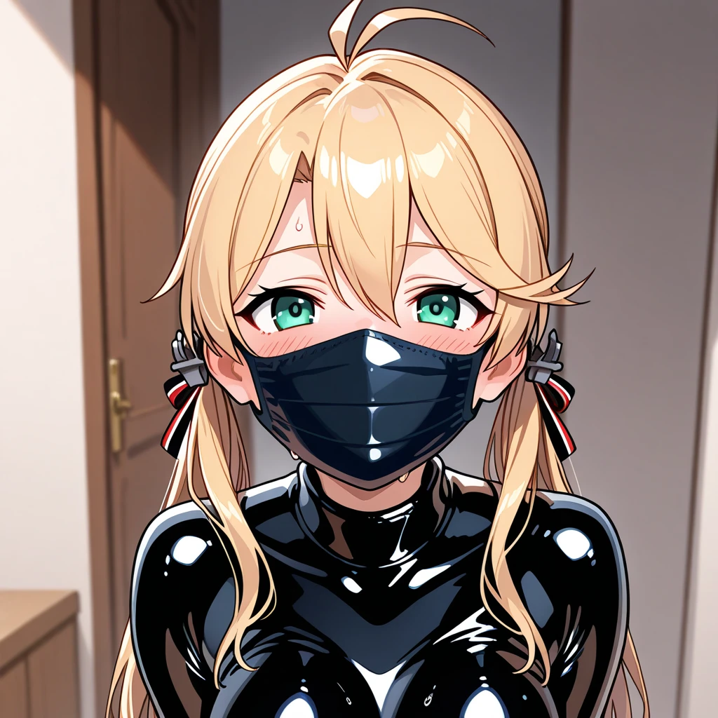 Sexy blonde pale girls. Collars tied together. (perfect quality) (Latex suit. (oily skin) ) vibrator . Thick collar. . Latex suit BDSM slave. . Blindfolded. . Saliva dropping. Arm-binder. Ring gag.