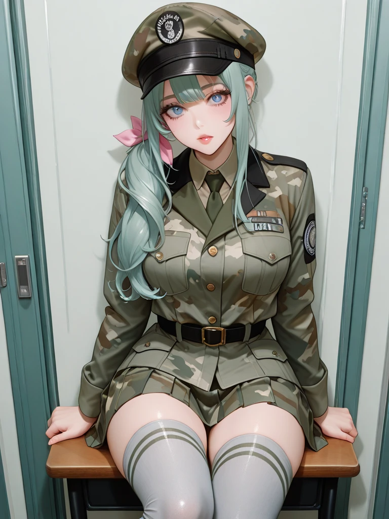 A 25 year's old girl wearing military dress, smile face, looking at viewer,