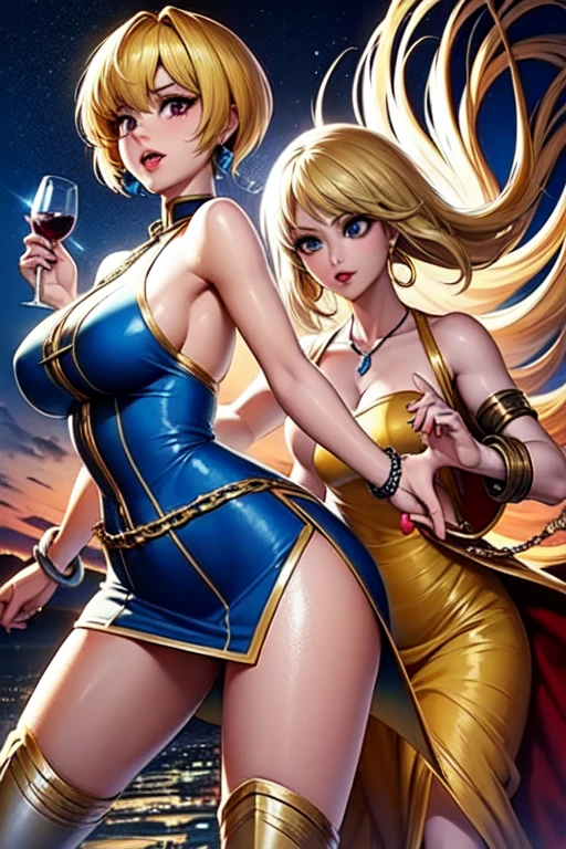 2heads, conjoined, no less than two heads, multiple breasts, three breasts, double cleavage, (masterpiece:1.2, best quality1:1, ultra-detailed:1.2, best shadow, 8k:1.1), (massive hotel penthouse bedroom:1.3), (contrasting background, bright background), (beautiful detailed face), high contrast, (perfect illumination:1.2, beautiful color, delicate color), ((cinematic light)), colorful, hyper detail, dramatic light, intricate details, (2 girls, solo, different hair colors and hairstyles, smiling face, short hair, wavy hair:1.1, hazel eyes, dynamic angle, lacy gold corset, gold nylon pantyhose,cowboy shot, arms down), depth of field, no more than two arms