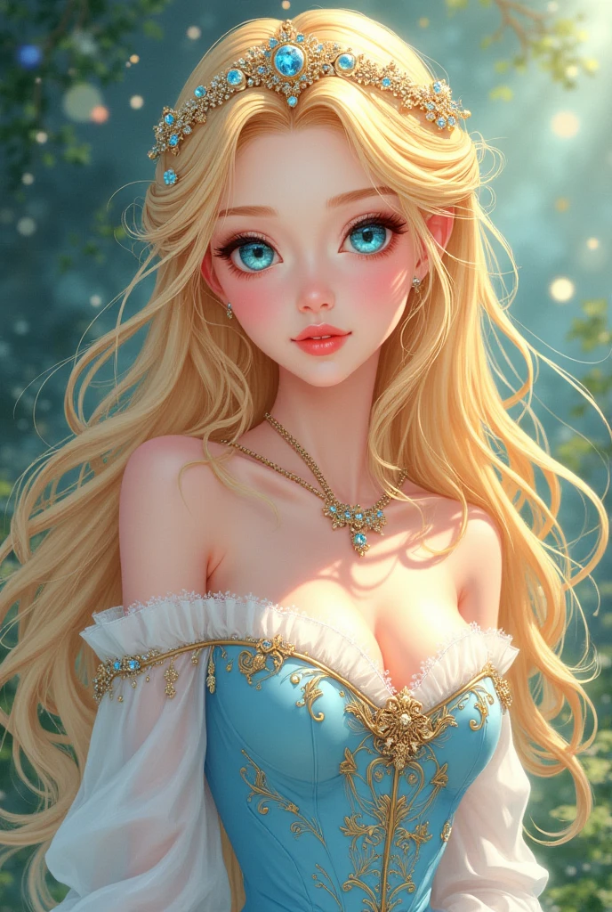 1girl, (shoujo-style:1.2), engraved, blonde hair, solo, long hair, flower, dress, tiara, white dress, gloves, long sleeves, choker, green eyes, mascara, makeup, white gloves, black bow, wavy hair, bow, jewelry, looking at viewer, white background, collarbone, cleavage, puffy sleeves, golden accessories, earrings, jewelry, upper body, parted bangs, very long hair, blue dress, frills, bangs, closed mouth, detailed eyes