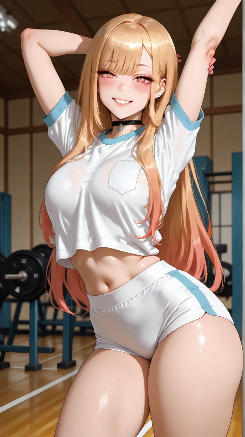 masterpiece, best quality, highres, hmsan, 1girl, animal ears, tail, large breasts, crop tank, wearing legging, holding towel, holding bottle of water, sweating, indoors, cowboy shot, standing, smile