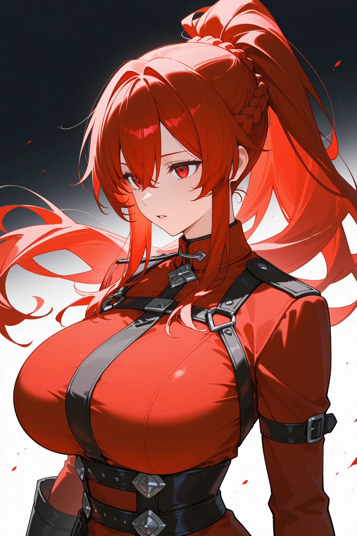 (masterpiece, best quality:1.2) best quality, masterpiece, highres, focus, anime style, a closeup of a cartoon of a woman, girl design, portrait, giesha, anime image, long hair, red hair, heterochromia eyes, hair covering ears, cat ears, horny and shy look, super tight bikini top bra ,pink gloves, jacket, white windbreaker jacket with red lines, black belt around waist, round thick giant breasts, ((huge breasts)), ((large breasts)) ,engineer, engineer tools, erect nipples, mechanic, tools, tools in hand, black tighs, wrench , wrench in hand, toolbox