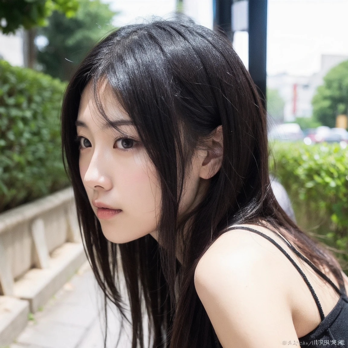 a sharp focus 35mm photo of A 20-year-old young woman, kuboshi, dark hair, swept bangs, Her figure is slim and her skin is pale. Her hand lifted slightly upwards, revealing her bare arm. she has two braids and has a gothic emo style, Gothic style loose strapless dress, can see her collarbone. 
ï»¿
In the smoky forest,
ï»¿
The image conveys a feeling of youthfulness, casualness, and a sense of playful energy. The lighting suggests it's likely daytime, with natural light illuminating the scene. Beautiful fingers.