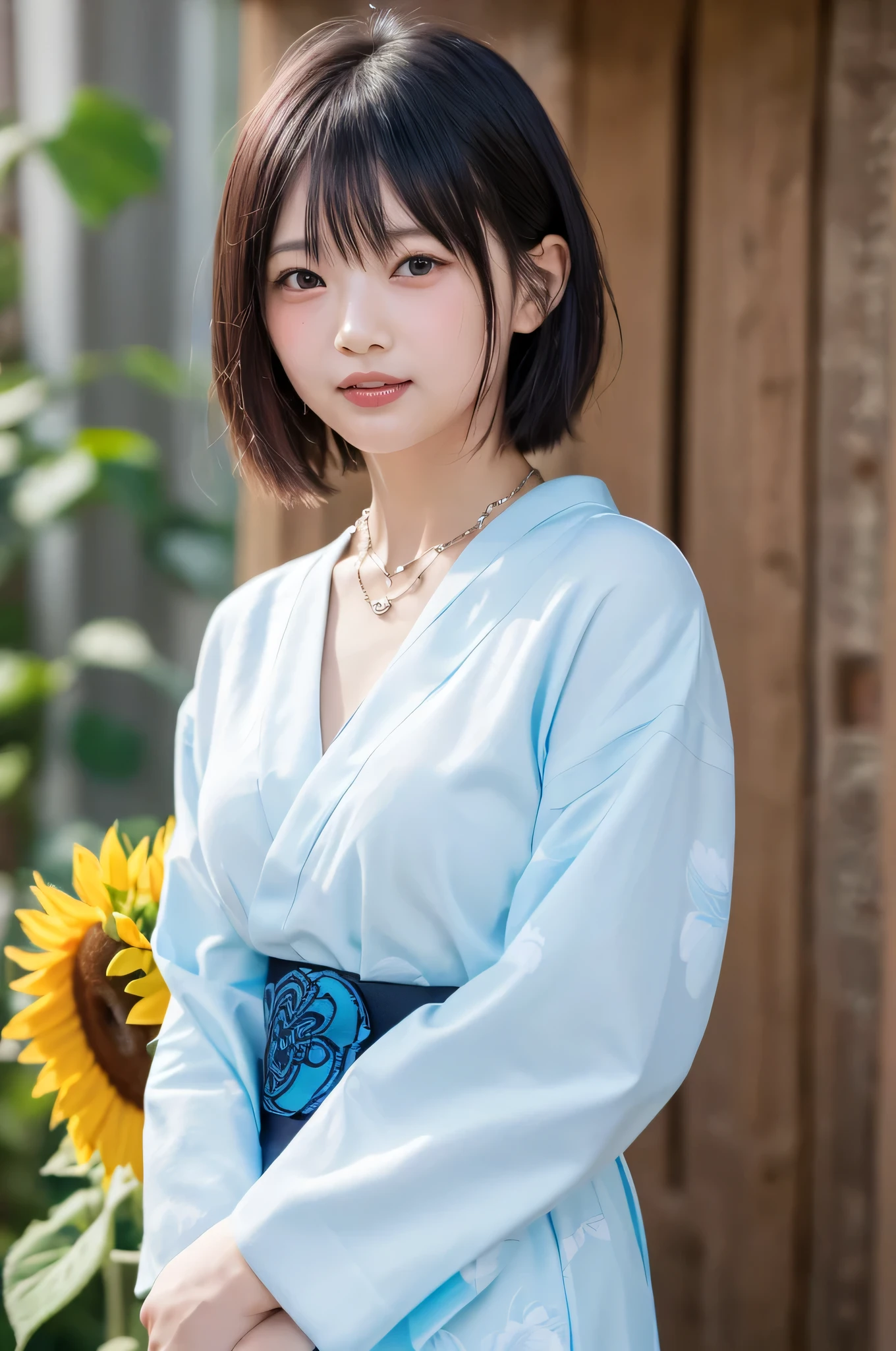 (top quality、8k、32K、masterpiece)、(realistic)、(realistic:1.2)、(high resolution)、very detailed、very pretty face and eyes、1 、round face、tight waist、Delicate Body、(close、top quality、attention to detail、rich skin details)、(top quality、8k、oil:1.2)、(realistic、realistic:1.37)、bright color、(((I am blonde)))、(((cowboy shot)))、(((short hair)))、(((Smiling face)))、(((blonde hair)))、((It's a white and light blue yukata)))、(((I'm wearing a yukata with a sunflower on it)))、(((sweaty skin by SJRW)))、(((私はblonde hairです)))、(((I'm wearing a sunflower-patterned yukata)))、(((I have bangs)))、(((crescent moon necklace)))、(((with my arms folded in front of my chest)))、(((I fit in the frame)))