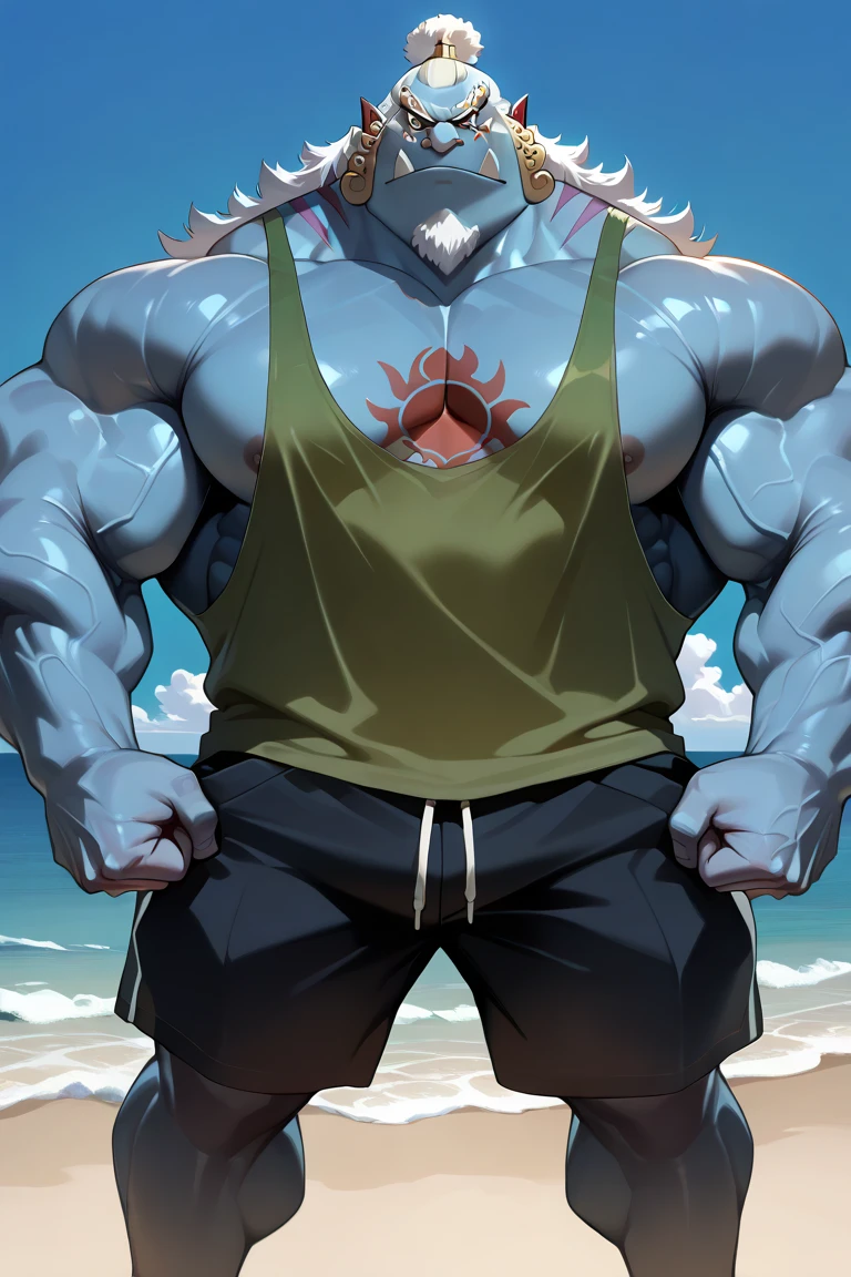 huge muscular man (jinbei) standing in beach, blue skin, chest tattoo, beach, palm, muscle, realistic, 8k, masterpice, (shirtless, nude, ???????. wearing shorts)