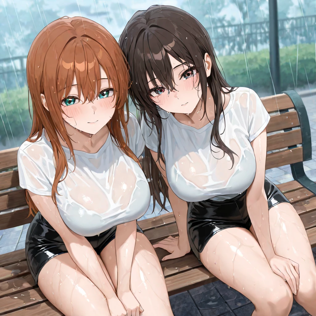 (8k，Super details，best masterpiece，nature，Perfect work of art，perfect female figure)，two women，sister and sister，sisters，Rainbow hair，perfect face，(huge)，Neighbor&#39;s Wife，woman hairstyle，elegant wife，mature and exposed，20 years old，fair skin，messy hair，Perfect sexy body，Wear a fitted and sexy tunic dress，Red lace white bottom strapless short dress，Hot and sexy secretary，wear glasses，Standing in the detailed bathroom，A lot of water was poured on，The whole body is soaked，Want to take off clothes，But happy，Smile，Detail background，necklace，perfect eyes，， T-shaped small size，huge的山雀