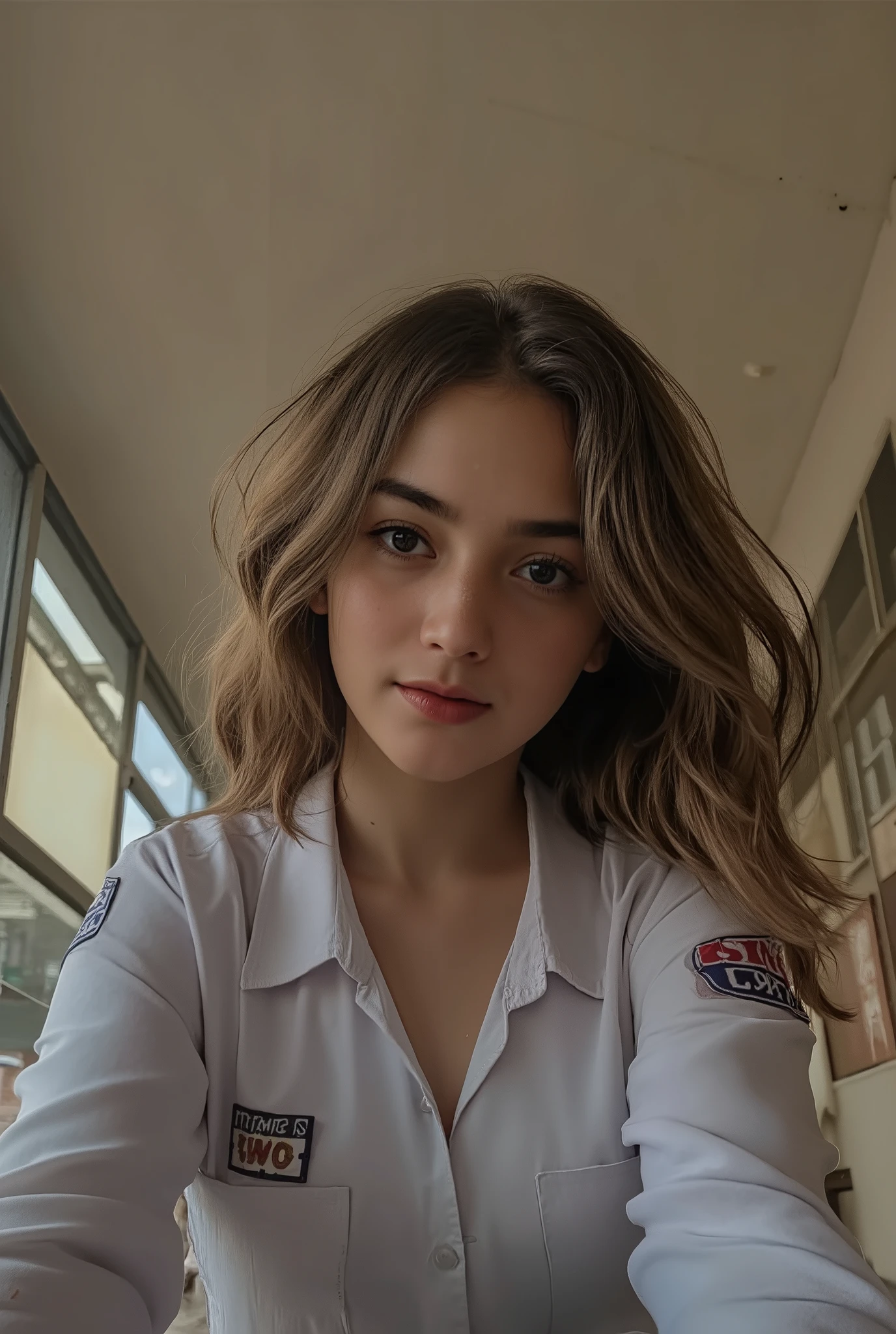 (Best Quality, Masterpiece, Photo realistic, Ultra Detailed, ultra high res, raw:1.3), 1girls, pretty, huge bearsts:1.5,top unbttutoned:1.5,Indonesian school uniform:1.5, smile, bangs, up skirt, student,grey mini-skirt, panties, show underwear, at high school, from below