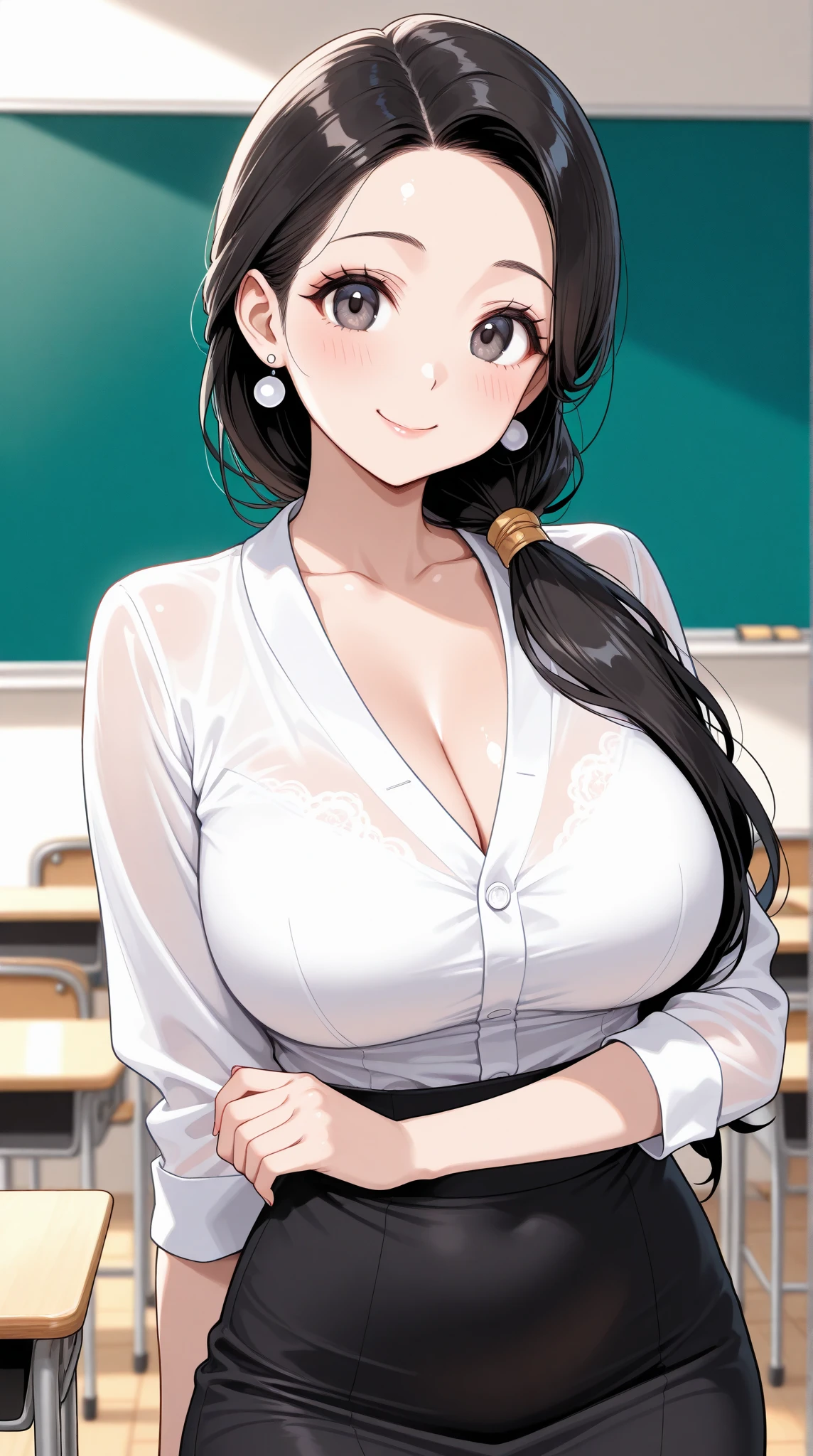 takumi, 1girl, black hair, long hair, brown eyes, large breasts, solo, mall, shopping center,indoors, blush, lipstick, jewelry, earrings, Hot girl, baddie, mean girl, sensual, attractive, masterpiece, best quality, ((unbuttoned school uniform, cleavage, necklace, earrings, sexy body,
breasts)) , micro skirt, smiling, navel , exposed belly, exposed navel,(nsfw) not safe for work,school,
classroom , hold a gun,knot, holding pistol,navel piercing
