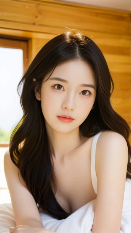 best quality,8k, Detailed facial depictions, Detailed eye description, seducing expression, mouth open, cute face, Brown hair(long wavyhair),beautiful korean girl, 21 years old, High fashioned dress, bare-breasted, slim body, medium chest size, posing for camera, Smiling face, Colorful earrings,