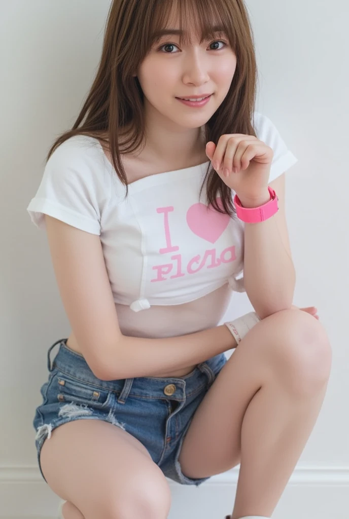 pastel colors t-shirt,off-shoulder look,bare shoulder,ollarbone,midriff peek,Denim tight skirt,(open mouth:1.5),(tongue out:2),Kneeling,Standing Upright,Hands Behind Back,Collar with leash,front view,face focus,from above(1girl,Beautiful 14 year old girl,teenager),((Slender,Small breasts,Small face,)),(looking at viewer),Black Hair,bangs,one side up,Beautiful and detailed,(Dimly lit room:1.5),White bed,