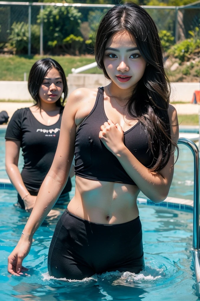 Realistic, 2 girls looking at each other, longshot, 1 little petite short woman (Standing) in bikini, Long hair, Barefoot, Mini giant mini goods 1 woman (Feminine, Thin figure, Sexy, Torn clothes, Sweat), (medium breasts⁩: 1.5) Looking down, Dynamic Pose, In a tank top, A scene involving two women, Focus on height differences, a couple, Skirt, face excited (highly detailedskin),  Detailed face, 8K UHD, Soft lighting, High quality, full-length portrait.