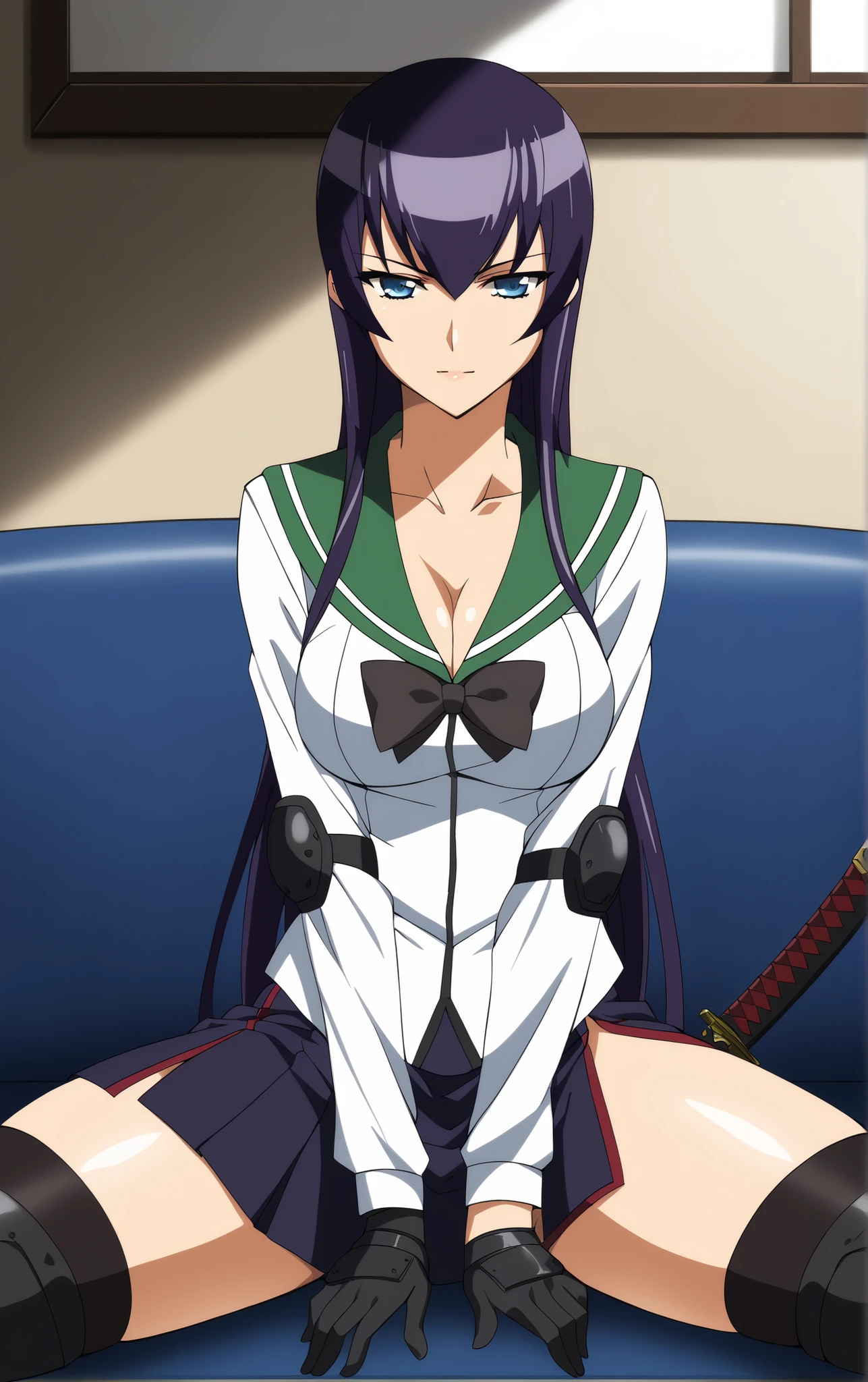 score_9, score_8_up, score_7_up, looking at viewer, BREAK
MainOutfit_SaekoBusujima_ownwaifu,
1girl, blue eyes, hair between eyes, long hair, purple hair, very long hair, large breasts, collarbone, bangs, sidelocks,
black bow, black skirt, green sailor collar, green serafuku, school uniform, white shirt, serafuku, bow, cleavage, skirt, gloves, long sleeves, black thighhighs, side slit, elbow pads, zettai ryouiki, knee pads, long skirt, bowtie,
katana,
(sitting, spread legs), arms behind back, couch, window shade, indoors, , depth of field, solo,