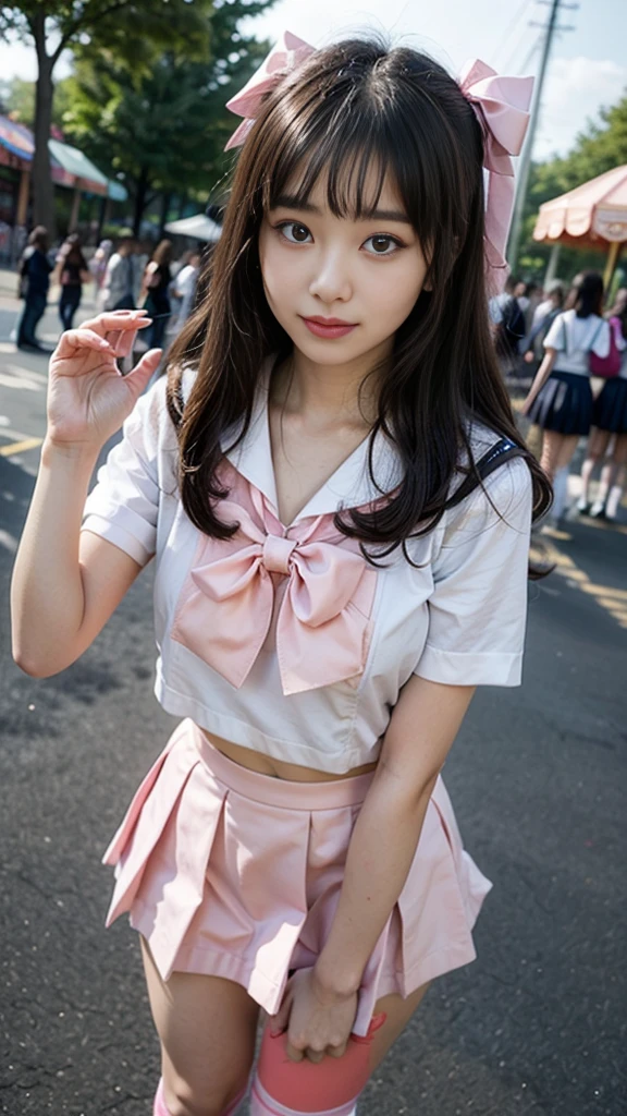 (8K, RAW Photos, Highest quality, masterpiece:1.2), (Realistic, photo-Realistic:1.4), (extremely detailed 8K wallpaper), ((Full Body Shot)), (((1 girl))), Sharp focus, Depth of written boundary, Cinematic lighting, Soft Light, (緻密な美しさのeye, eye_Chan, Very beautiful 17 year old girl, innocent big eyes, Realistic, photo Realistic, Highly detailed cute girl, (Thin thighs), (Model Body Type), (Brown Hair), (Long Bob Hair), (Asymmetrical bangs), ((A happy smile)), Glowing Skin, Ultra-dense skin ,High resolution, High Detail, Detailed hairstyle, Detailed facial beauty, hyper Realistic, Perfect limbs, Perfect Anatomy, Perfect female body, (school uniform:1.3),(Mini Skirt Pink Checkered Micro Mini Skirt), Watching the audience, (Crowded city street:1.3)