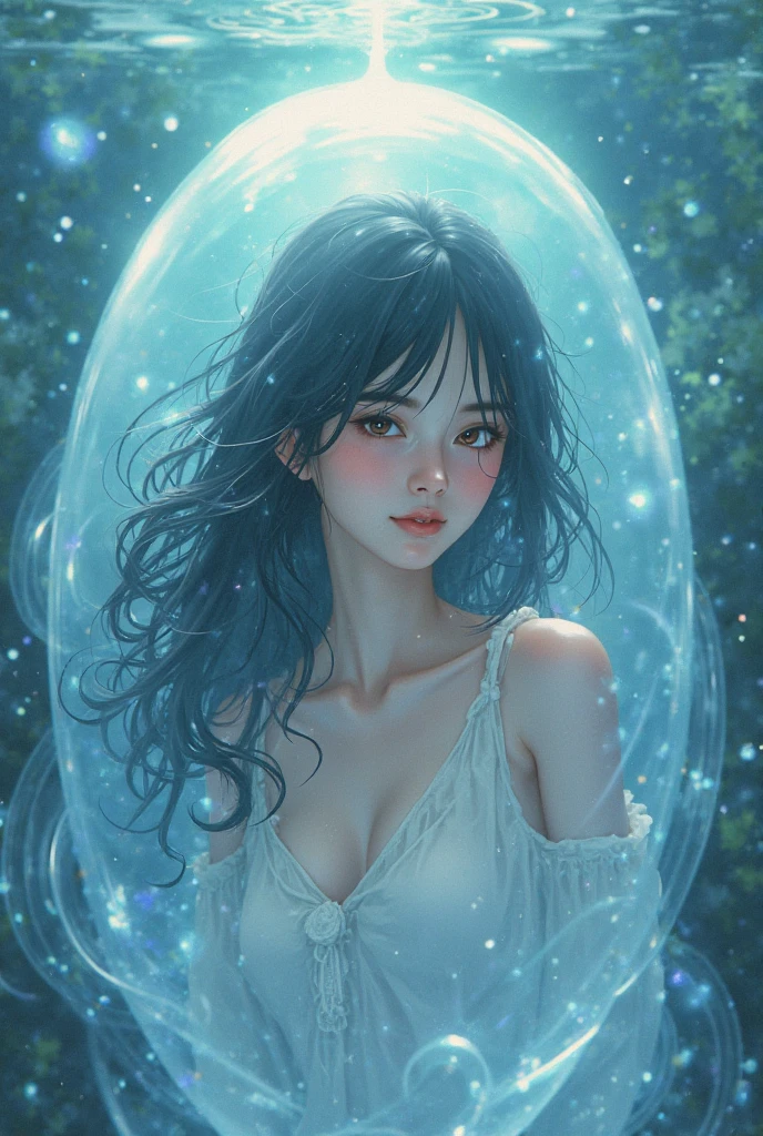 Masterpiece, Best quality, beautiful 1 girl, sitting on her knees inside a glass transparent sphere, girl in a sphere, visible in full growth, long unusual shining hair, big beautiful eyes, skin shines with light, background around water, glowing fluorescent flowers, air bubbles, fireflies