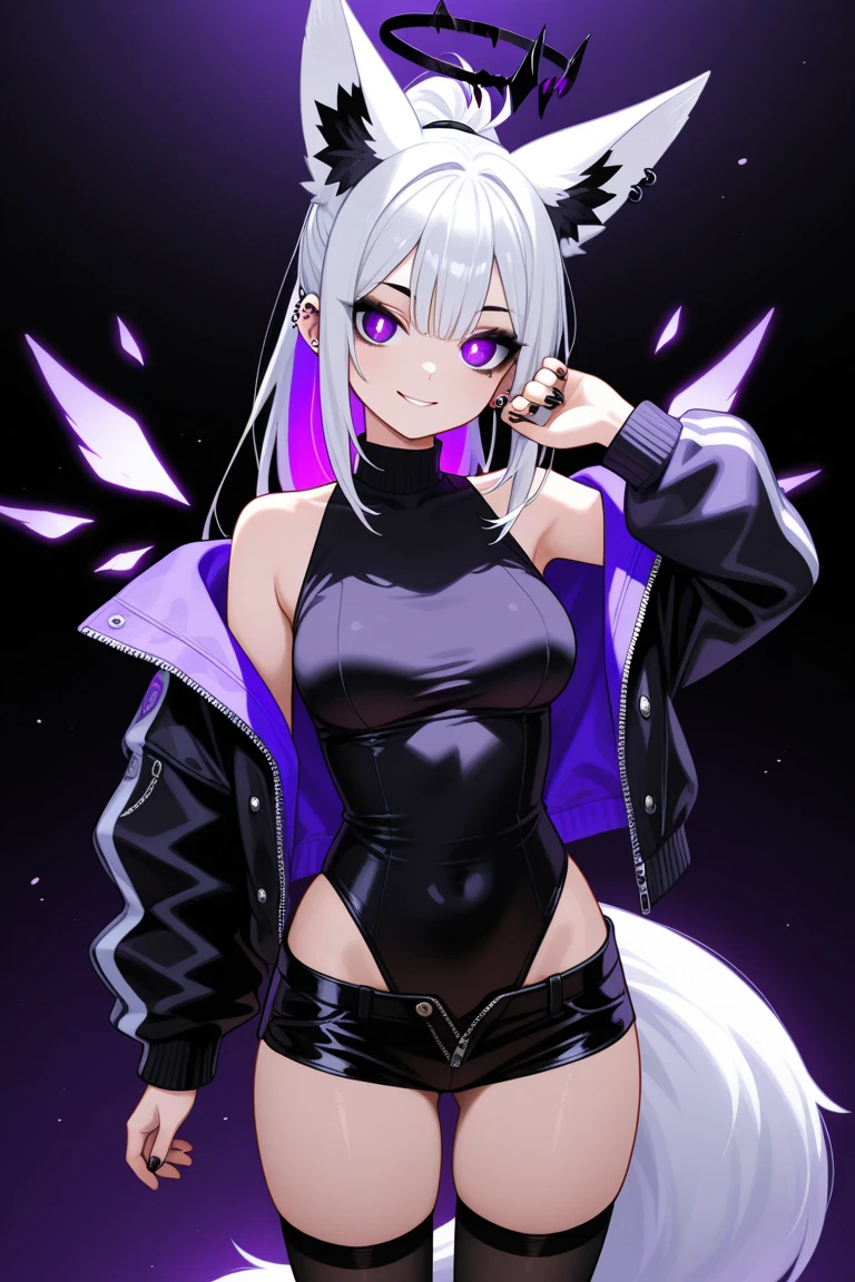 masterpiece, SFW, safe, hires, absurdres, purple hair, short hair, wavy hair, fluffy hair, ahoge, devil horns, magenta eyes, pink eyes, pale skin, 1 fang, 1fang, fang, wings, demon wings, beauty mark, bear ears, kemonomimi, bear girl, demon girl, wavy bangs, bangs, 1girl, solo, alone, flat chest, small breasts, demon horns, baggy clothes, fully clothed, hoodie, covered chest, demon tail, bear tail, swept bangs, wispy bangs, bags under eyes, purple bear ears, eyeliner, emo, alternative fashion, streetwear, street fashion, half closed eyes, half-closed eyes, lidded eyes, bored, smiling, smile, fanged smile, sleepy, friendly, shy