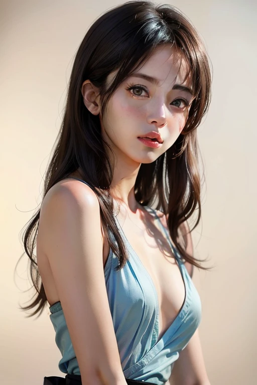 Pieces fly、highest quality、figure、 Very detailed、The finer details、 High resolution、8K Dende Wallpaper、Perfect dynamic composition、24 year old beautiful girl、clear、Detailed beautiful face、Beautiful, detailed eyes、Textured skin、A faint smile、Small breasts、Knit dress、Neon lights、Blue background,whole body,Real,
