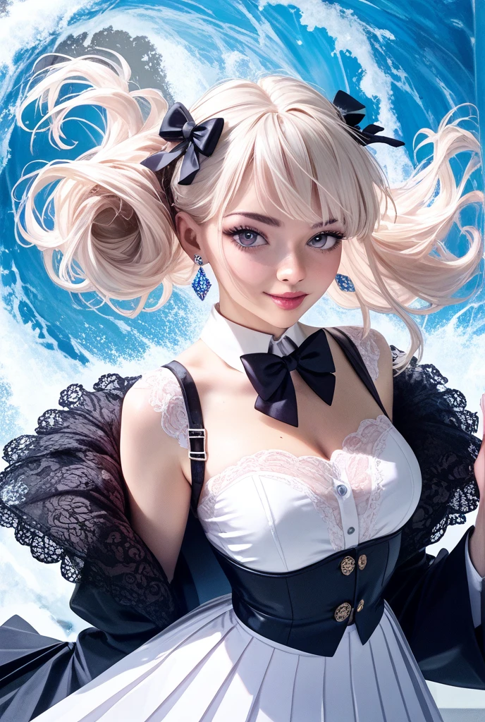 (masterpiece, Best Quality, Glowing light, Glistening, Shiny skin, ultra-detailliert, Detailed background, Complex background), (Perfect face, Detailed face, Detailed eyes, Perfect hands, Perfect fingers), (Small boobs:1.2, Smile), (lolita:1.4), Cowboy Shot, Chic,
Lynette, ((Gradient Hair)),  Gradient Eyes, (Glowing eyes:1.3), mascara, (fashion make up), Parted lips, Animal ears, Cat ears, animal ear fluff, Bow, The tail is growing, tail, Cat tail, pantyhose, Long sleeves, Black Gloves, braid, Skirt, Black pantyhose,
((mountain ranges, waterside, cherry trees, Cherry blossom petals, Dark blue sky)), ((hyper detailed background)), Dynamic Poses, ((8K Wallpaper)),