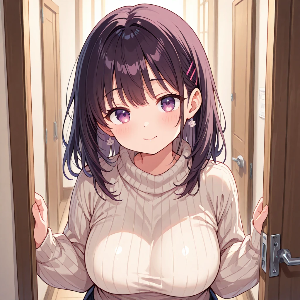 Sexy and cute woman, brown bangs, seductive gaze, blushing intensely, smiling, parted lips, oversized sweater, bare shoulders
