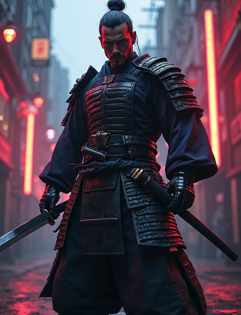 ninja shinobi cyberpunk robot cyborg .big thighs.Wallking street
two samurais walking down a street at night, yasuke.Ninja wearing conical hat. shinobi Cyborg. Red eyes, devil mask, rain. Dark night. Equipped with Sword on back. Katana on back. Robot. gears. screws. lights. wires on back. Arresting monsters in alleys.real. tokyo. UE5 CGI