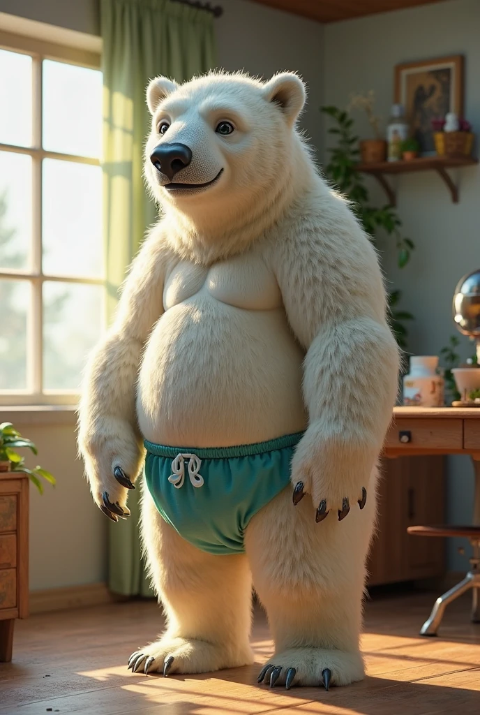 (cute, Obese, Overweight, male, anthro, polar bear), standing, thick thighs, nude, (((cyan briefs))), smile, black eyes, an exquisite view from a large window, shelves with books, paintings on the walls, chic furniture, figurines, pots with branches, bottles, cups, plates, crystal, a chest of drawers, a sideboard with a variety of books, dishes, a dreamcatcher, a neon garland, a multi-colored garland, an exquisite interior, a view from the window, the sea, mountains, sunset, a bed, a sofa, pillows, sconces, flowers, bright room, lots of light