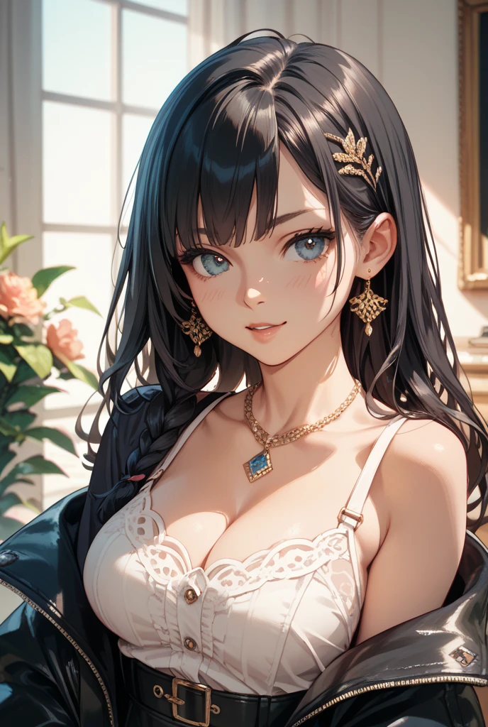 (RAW photo:1), (best quality:1.3), (masterpiece:1.3), (ultra-detailed:1.3), (beautiful:1), (beautiful detailed eyes:1.1), (extreme detailed illustration:1.3), (professional lighting, face lighting:1.2), (perfect anatomy, left to right balance, beautiful eyes:1.3), soft light, beautiful body, (42 years old:1.2, milf), glossy black hair, well-groomed hair, medium-length straight hair: 1.3, (black eyes:1.2), upscale restaurant manager, confident and focused, milf, extreme detailed illustration, (portrait of a person, DSLR style, shallow depth of field, background blur, bokeh effect, f/1.8:1.1), 1girl, (smile:1.2), (cute:1.2), cool, thirties, looking at viewer, wearing trendy outfit, black short sleeve crop top with lace hem, cleavage:1.3, simple gold earrings, simple gold bracelet, , simple gold chain necklace, simple gold earrings, simple gold bracelet, tilting head, woman enjoying coffee on a cafe terrace, cafe terrace in a busy urban setting, tables and chairs, people relaxing, cityscape background, urban setting, tables and chairs, cityscape background, afternoon sun, wide angle