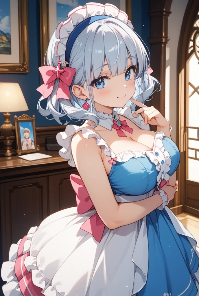 (masterpiece:1.3), (best quality:1.3), high resolution, couboy shot, leaning forward, body facing forward, (one cute girl:1.3), solo, white skin, big Breast, eight-headed person, light  hair, (bobbed hair:1.2), (short hair:1.1), (blunt bangs:1.2), beautiful hair, blue eyes, beautiful detailed eyes, open mouth, heart, cheerful smile, (rabbit ears:1.3), one piece dress, frill, white and blue clothes, miniskirt, earrings, indoors, bed, shadowlighting,