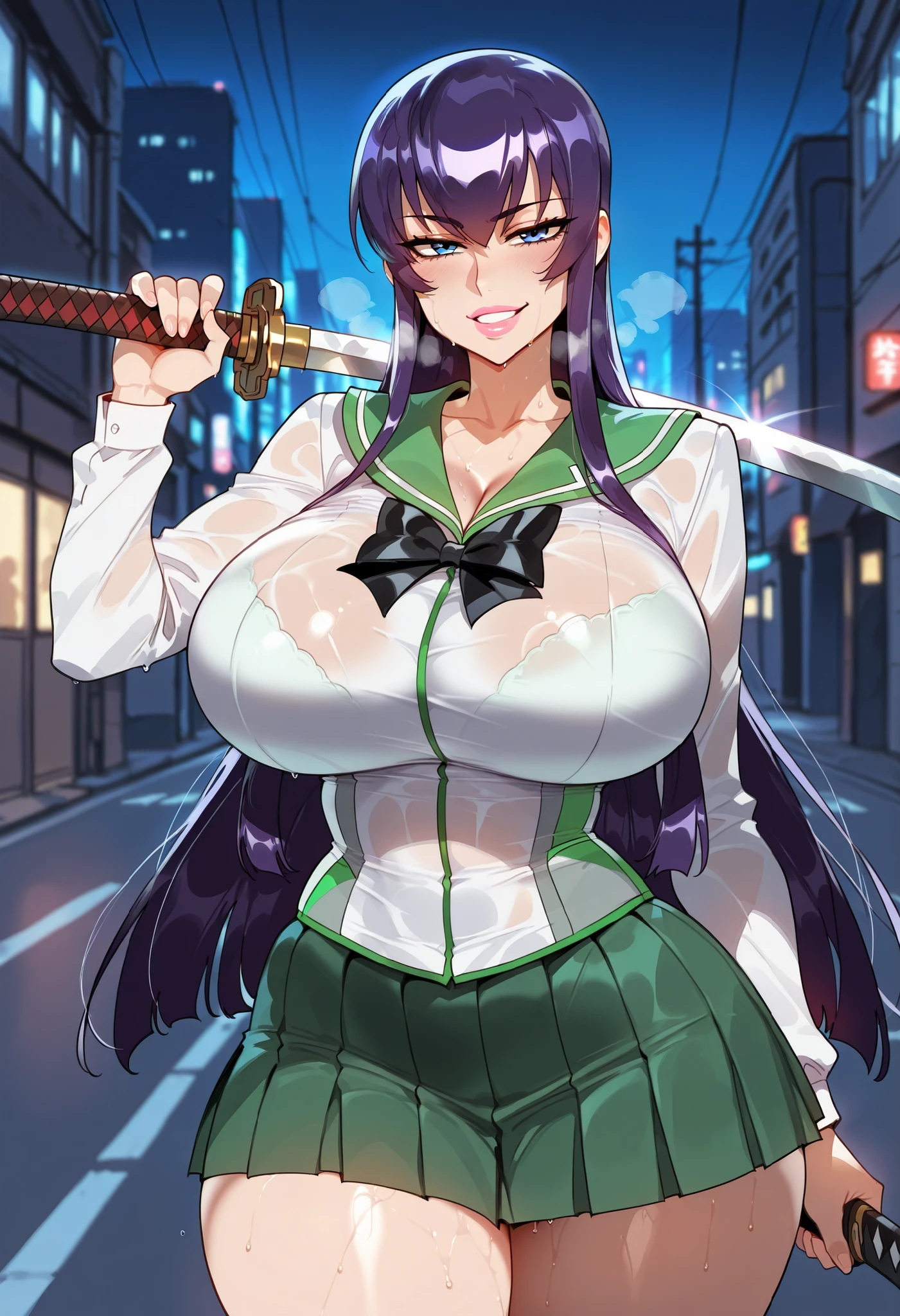 Masterpiece, source_anime, top-quality, perfect anatomically, correct , sharp focus, 4K, 8K, anime girl, 2D, perfect light, cinematic shadows, highres, beautiful face girl, ultra detail, correct details, perfect details, 1girl, Saeko Busujima(Highschool of the dead), solo, bright skin, purple hair, long hair, smooth hair, straight hair, bangs, blue eyes, eyelashes, eyes detailed, sharp eyes, curvy, highres, tall:1.3, very , , , :2.7, thick , , bigger than head, thick , thick thighs, beautiful shape , school uniform, white shirt, long sleeves, green collar, short skirt, pleated skirt, green skirt, legs, standing, arched , dynamic pose, outdoor, in street, in city, nighttime, night atmosphere, dark atmosphere, night city, front view, close up, upper body, cowboy shot, looking at viewer, frown, eyes, smile, grin, thick lips, pink lips, panting, heavy breathing, wet skin, wet body, sweating, holding a katana sword, katana sword in right hand, safe for work, Floox Style