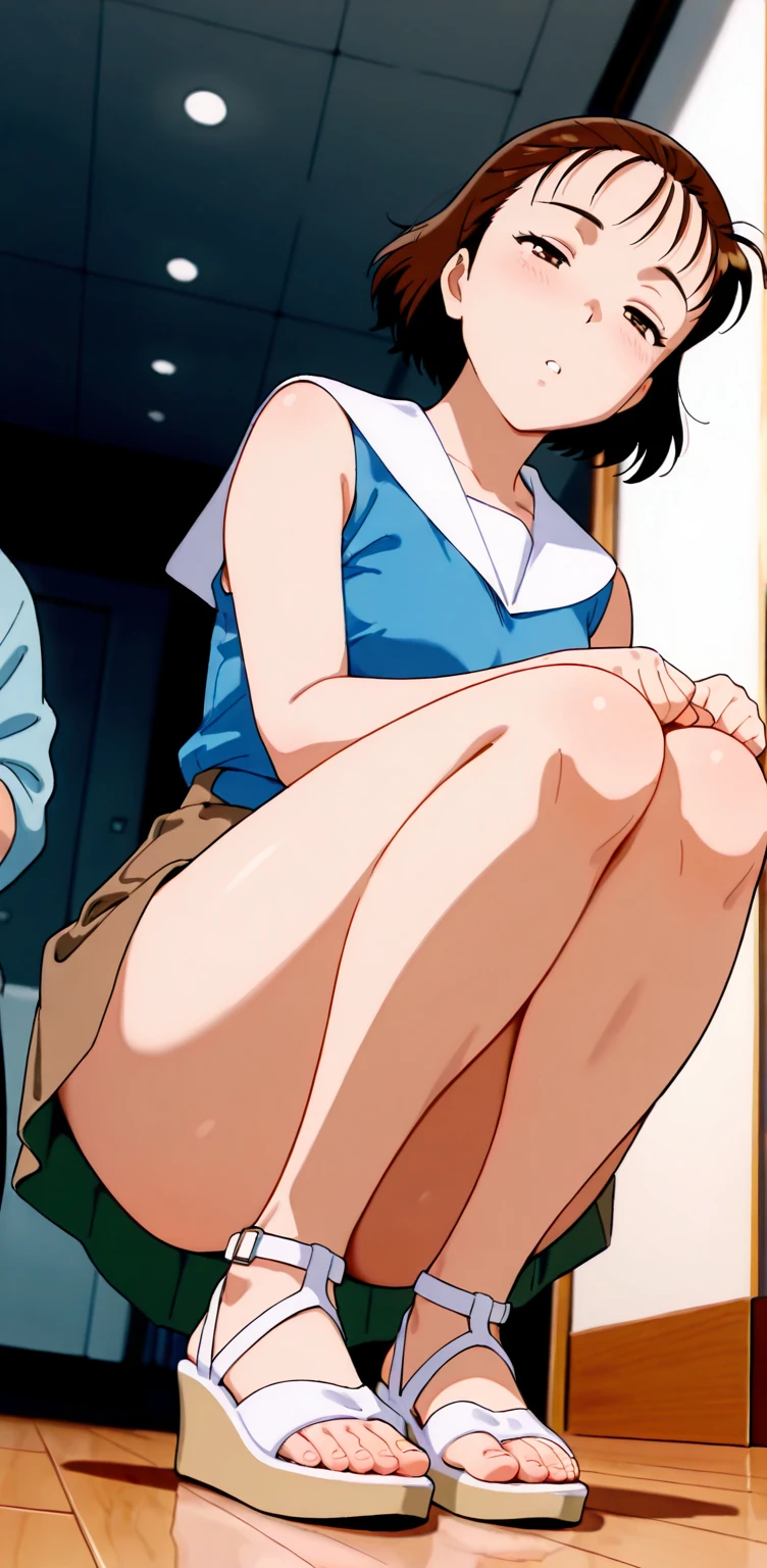 (2000's anime, anime screencap, cel shading, high resolution, clean brush stroke, highly detailed, perfect anatomy, NSFW), classroom background, nose blush, kicking, soles, standing on one leg (urination:1.3), pov (from below:1.5), full nudity (completely nude:1.5), immature body (flat chest:1.2), small pointed breasts (natural saggy tits:1.5),