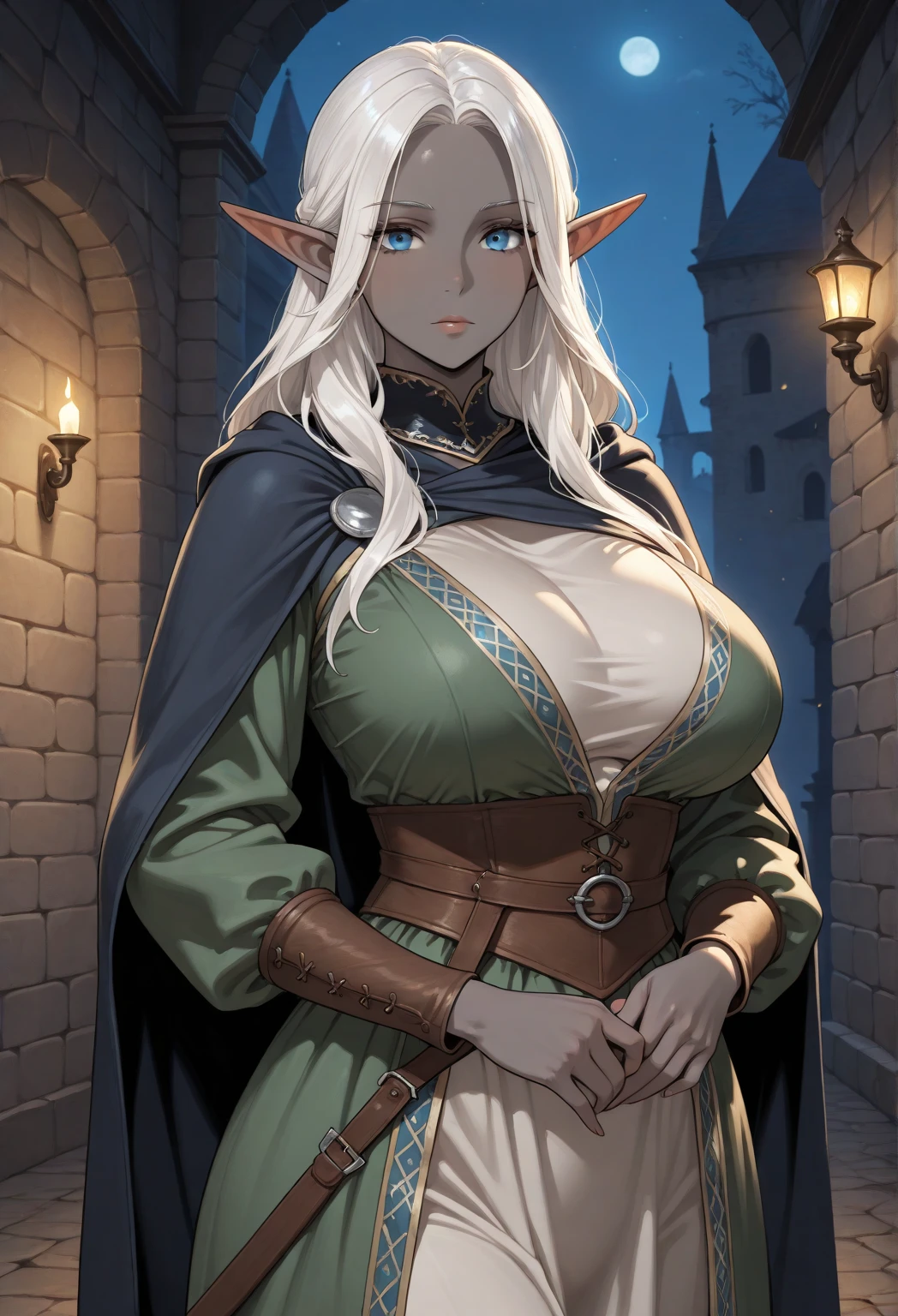 Elf, pointed ears, dark skin, big breasts, knight outfit, adult woman, The face looks cold, full body image