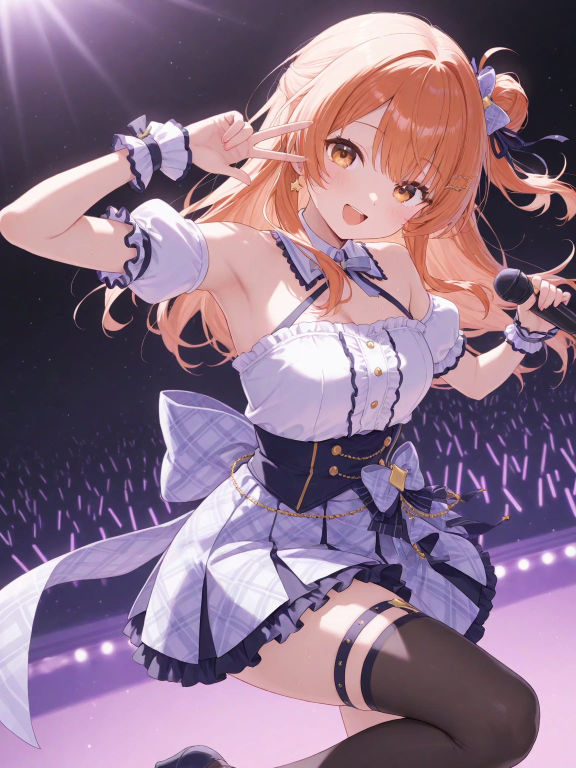 Idol,IDOL costumes,stage,live,crowd,background_Penlight,Hold the microphone,Singing passionately,Flying sweat,Heat,vapor,sing,from outside,((tiered layers skirt)),(((lace trimmed))),(((embroidery))),(((hair blowing in the wind))),((strong_wind)),(diffraction of light:1.2),(tyndall effect:1.2),(pale red lip:1.2),(fuller lips:1.3),(beeline:1.6),(sense of depth:1.6),(highest quality:1.6),(32K:1.6),(HDR1.6),(Ultra-high resolution:1.6),(RAW:1.6),(Realism:1.6),(masterpiece:1.6),(Intricate details:1.5),(Delicate and beautiful details:1.5),(Detailed eyes:1.1),(Detailed facial features:1.2),(glossy lips:1.3),(madeon:1.6),(perfect anatomy:1.6),(best illuminate:1.5),(cinematic shadows:1.5),(absolutely resolution:1.6),(incredibly absurdres:1.6),(highres:1.6),(refraction:1.3),(ultra detailed:1.6),(smile:1.3),