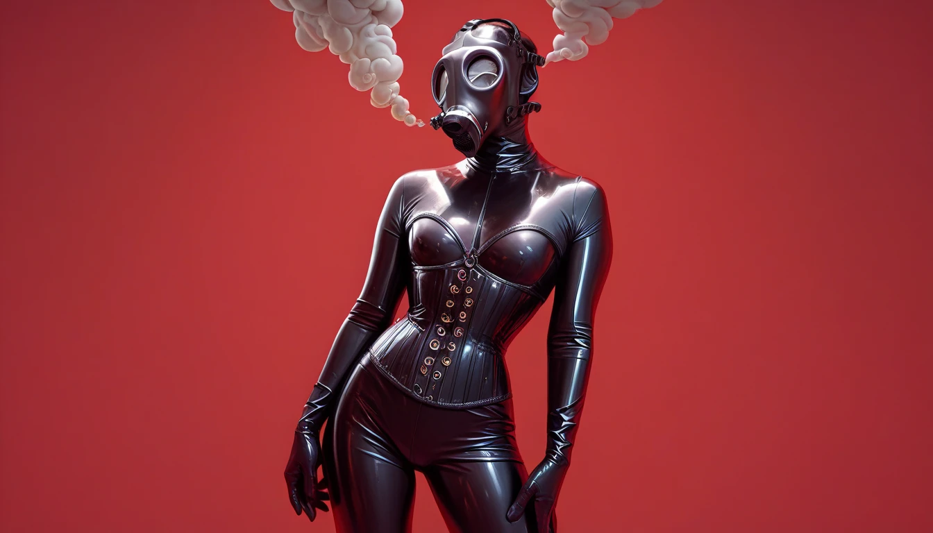 The gas mask is a very thin dominant Model 4 with small breasts. Black latex suit, black corset. A sexy pose. He stands tall. Red background. Red thick smoke in the background.