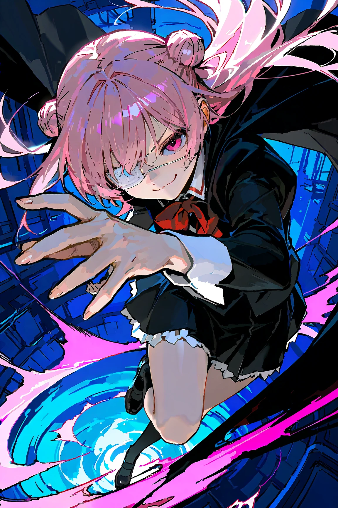 1 synth wave style girl, extremely detailed CG ,(masterpiece), (flat color:1.5), (best quality), (limited palette) , pink fluorescent paint, , noline art, silhouette, partially colored, (alternate color):1.4, dynamic angle, (pink, dark violet):1.3, dark violet shadow, (synth wave), (chromatic aberration) , (((thick) outline)), pink outline, (solo focus), pink neon lights, perfect shadow, cowboy shot, blank stare, beret, bowknot on beret, flat chest, wearing an off- shoulder floating jacket, short wavy delicate hair, blank stare, delicate face, bare shoulder, sitting on the top of the building, beautiful and delicate eyes, (1 girl):1.5, solo, from above, delicate background, streets with neon lights