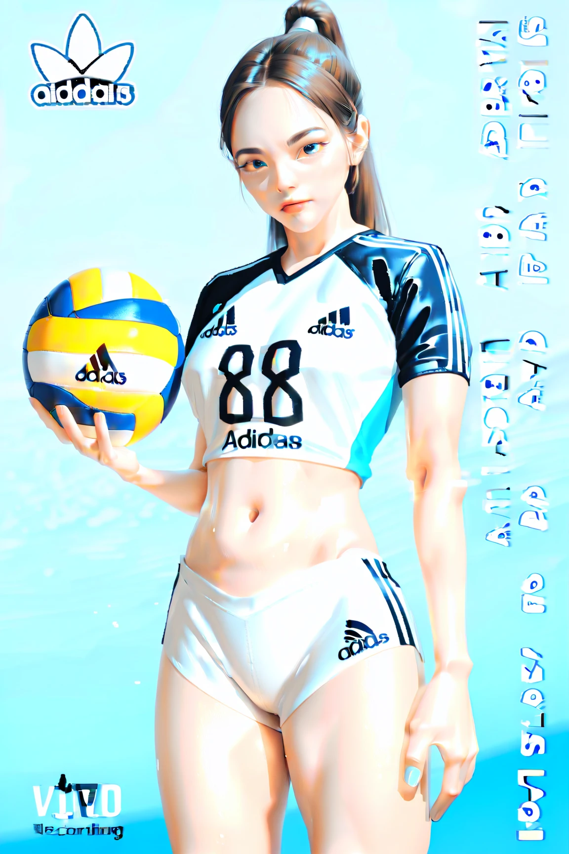 ((best quality)), ((masterpiece)), (detailed), 1girl with tan orange skin and maroon ponytail hair, wet shirt, varsity volleyball player, blank gray background, attack pose, holding volleyball, full body, wearing rubber shoes