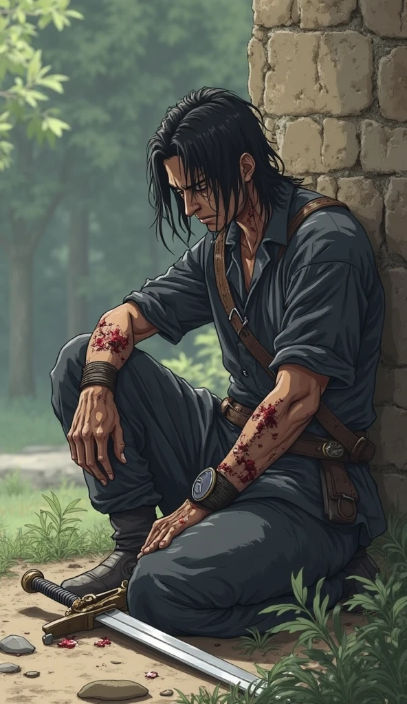 garoto adolescente de cabelos brancos com detalhes vermelhos, Red eyes with a cold expression staring at the viewer , Holding a katana with one hand, um leve sorriso em seu rosto, The ground around him has blood and blood bubbles float around him.