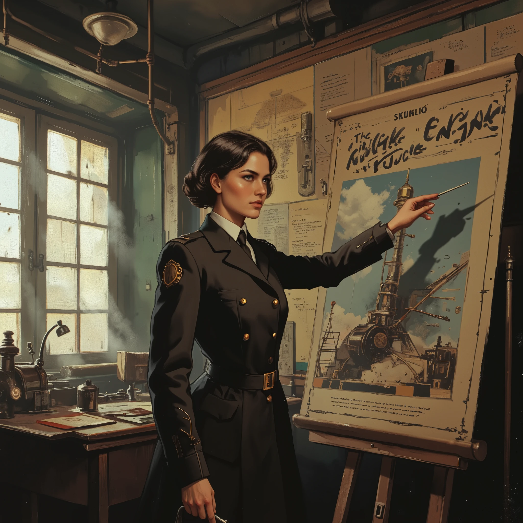 Soft-voiced Instructor. Beautiful and charming young Indian woman with short haircut - instructor at a dieselpunk aviation academy. She is explaining the fighter engine mechanics on an educational poster, standing beside it with a pointer in a classroom setting. She wears a practical yet stylish dieselpunk uniform with brass buttons, leather elements, and mechanical accents. The classroom features exposed pipes, metal fixtures, and large windows with visible steam or smoke outside. Vintage technical diagrams on the walls, mechanical models on desks, and dim lighting with warm amber tones to create an industrial atmosphere. Her expression is focused and knowledgeable, with subtle makeup and professional attire.
Additional parameters for neural network::*
Quality: ultra-detailed, professional photography, depth of field, 35mm
Style: cinematic lighting, realistic textures, concept art, dieselpunk aesthetic
Negative prompt: deformed hands, low quality, text, watermark, signature, extra fingers, bad anatomy, poorly drawn face, mutation, mutated, extra limb, ugly, disgusting, terrible, horrifying, clothes not fitting, awkward, uncanny, unnatural, out of focus